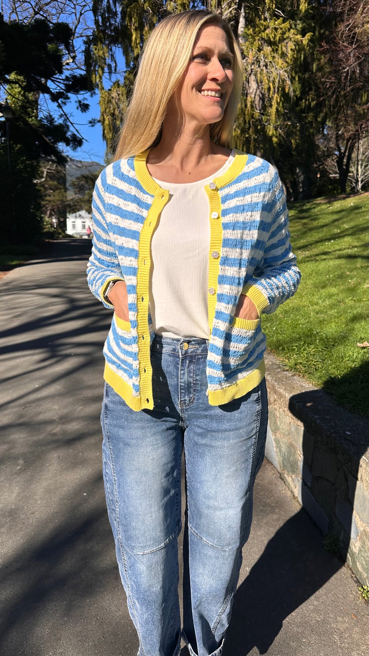 Fleur Flower Button Cardi  Blue White Stripe
