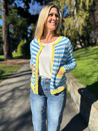 Fleur Flower Button Cardi  Blue White Stripe