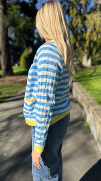 Fleur Flower Button Cardi  Blue White Stripe