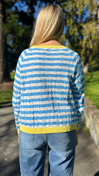 Fleur Flower Button Cardi  Blue White Stripe
