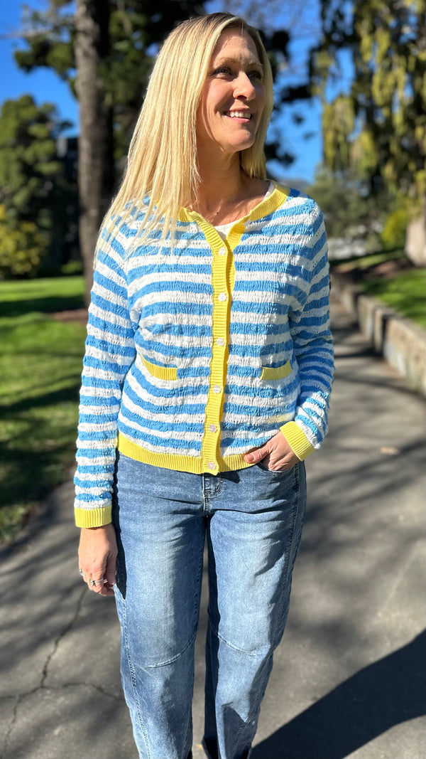 Fleur Flower Button Cardi  Blue White Stripe