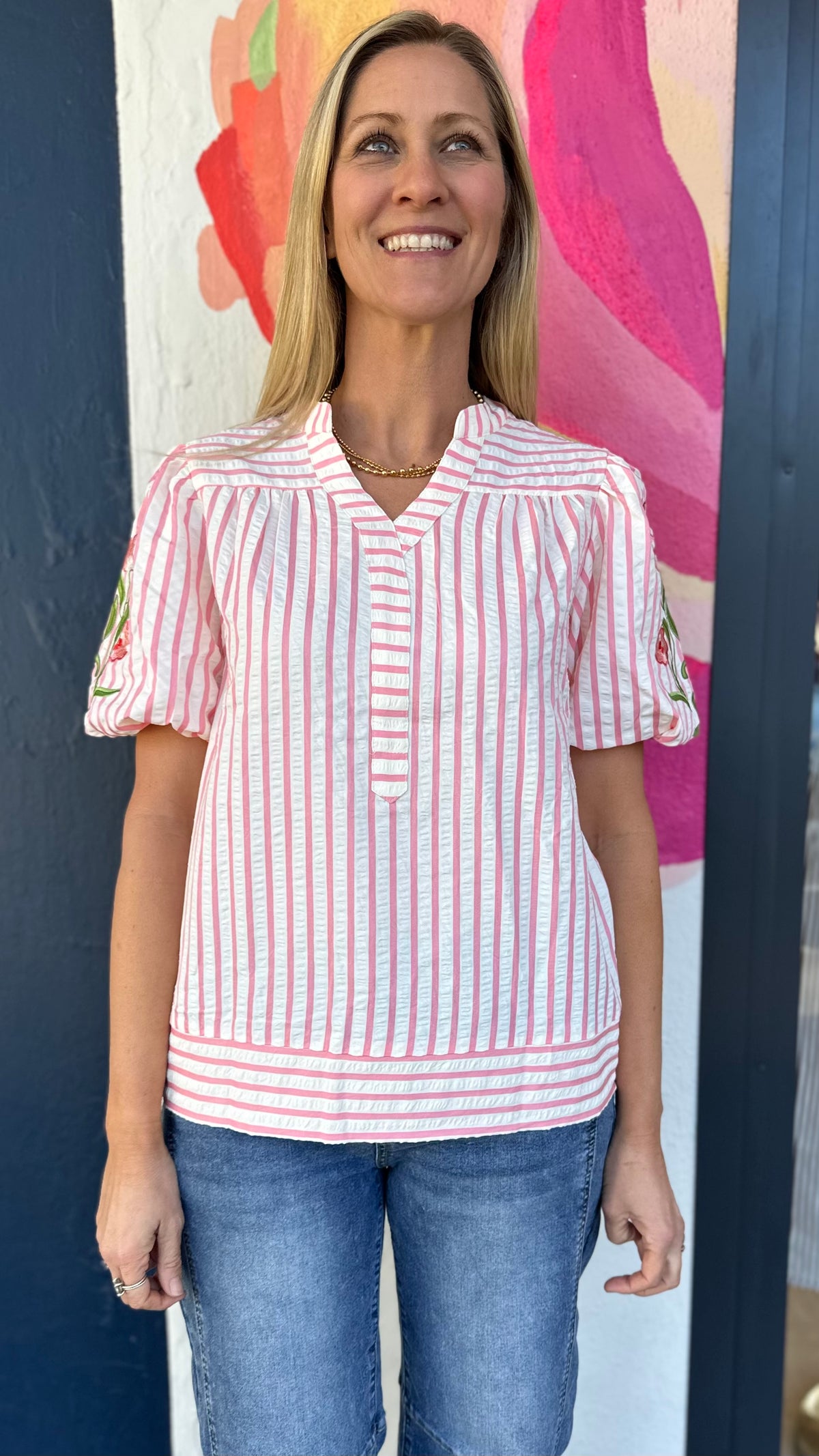 Evie Embroidered Puff Sleeve Top Pink