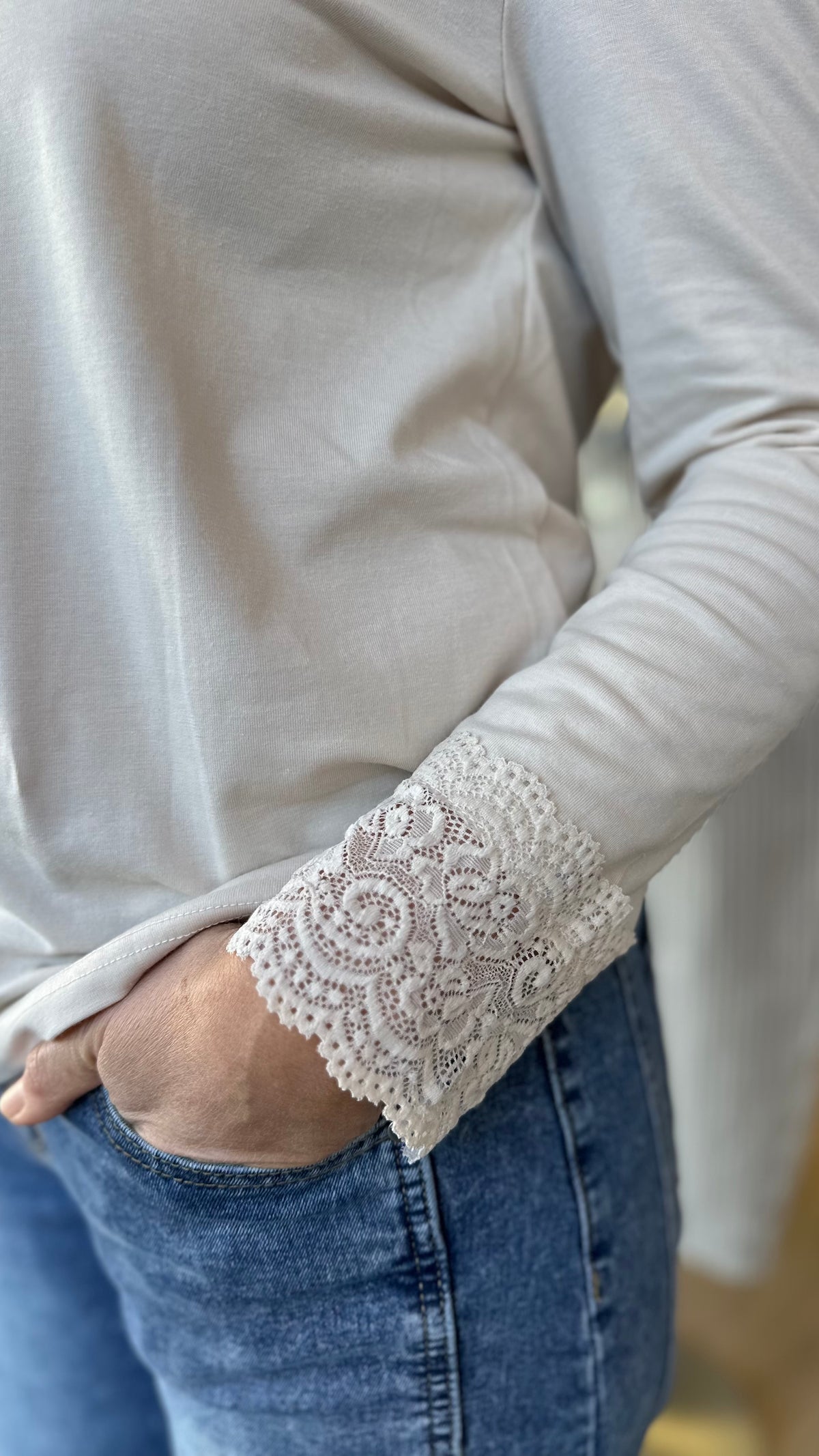 Lacey V Neck LS Top Bone Lace