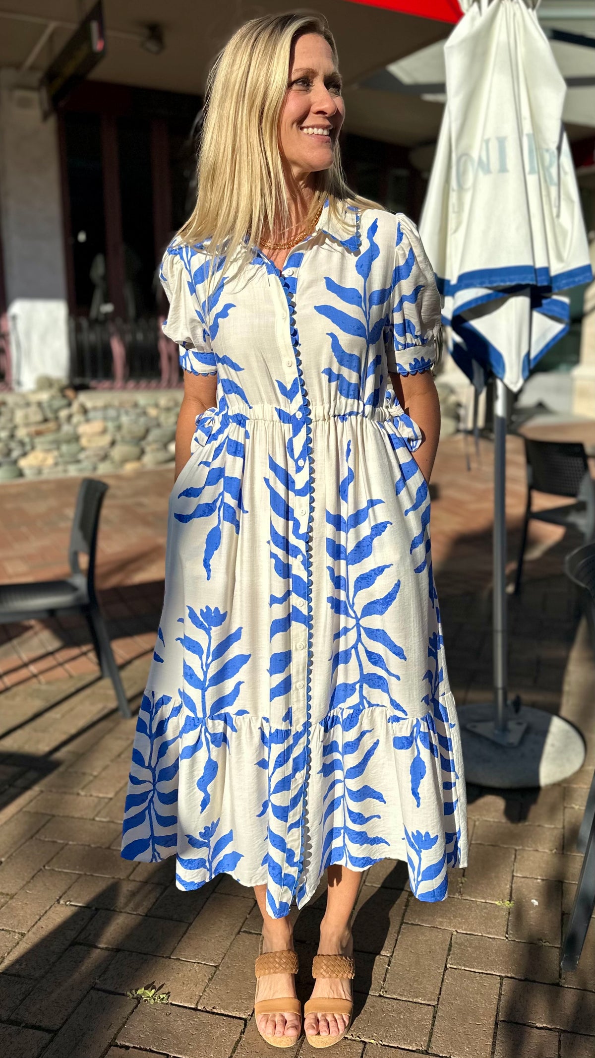 Suki Side Tie Shirt Dress Blue Leaf Print