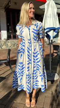 Suki Side Tie Shirt Dress Blue Leaf Print