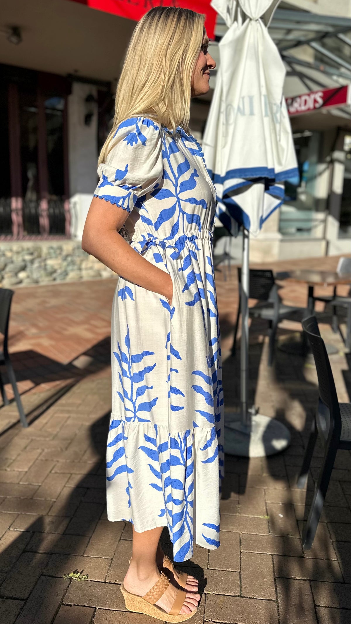 Suki Side Tie Shirt Dress Blue Leaf Print