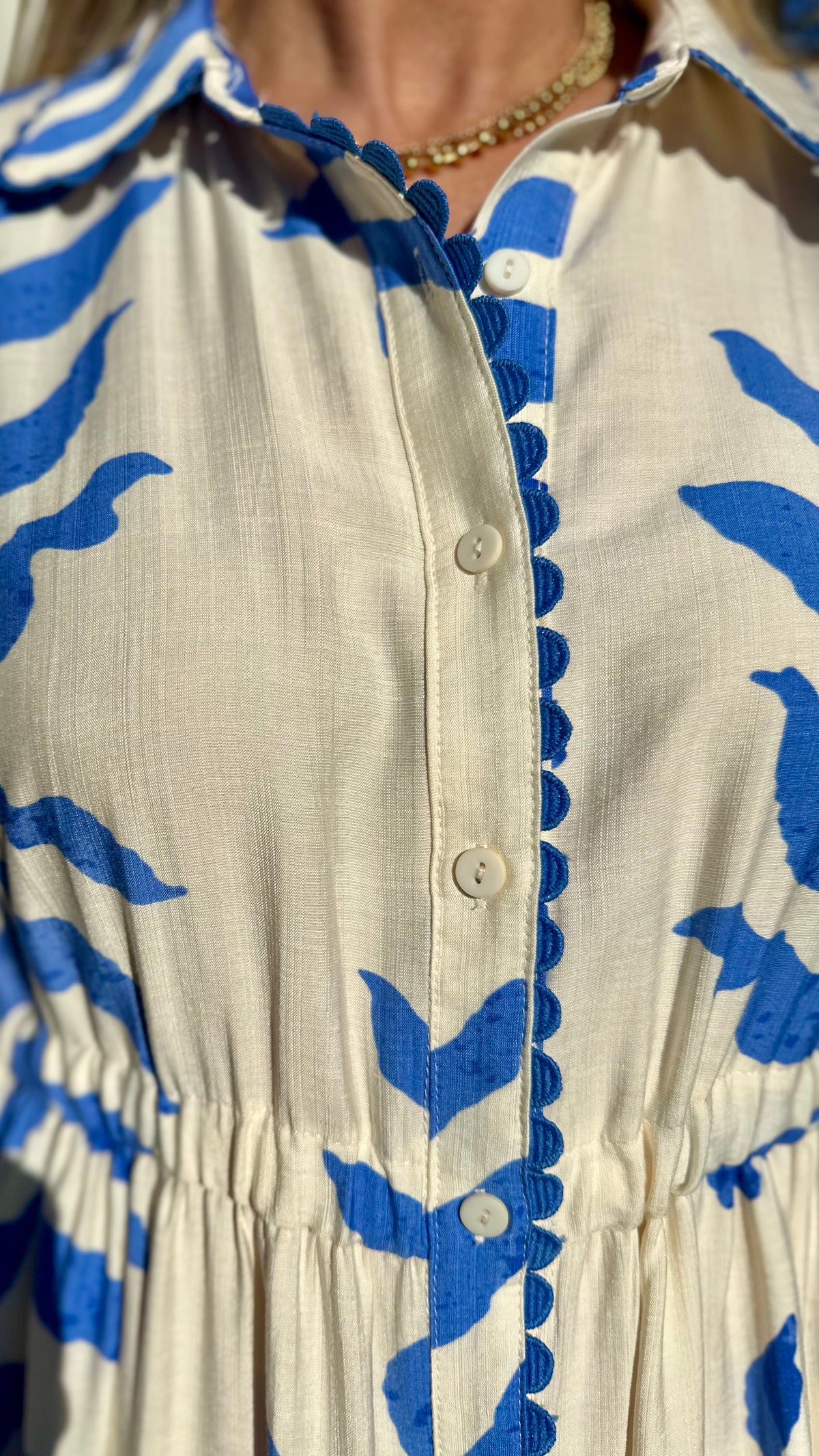 Suki Side Tie Shirt Dress Blue Leaf Print