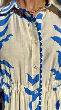 Suki Side Tie Shirt Dress Blue Leaf Print