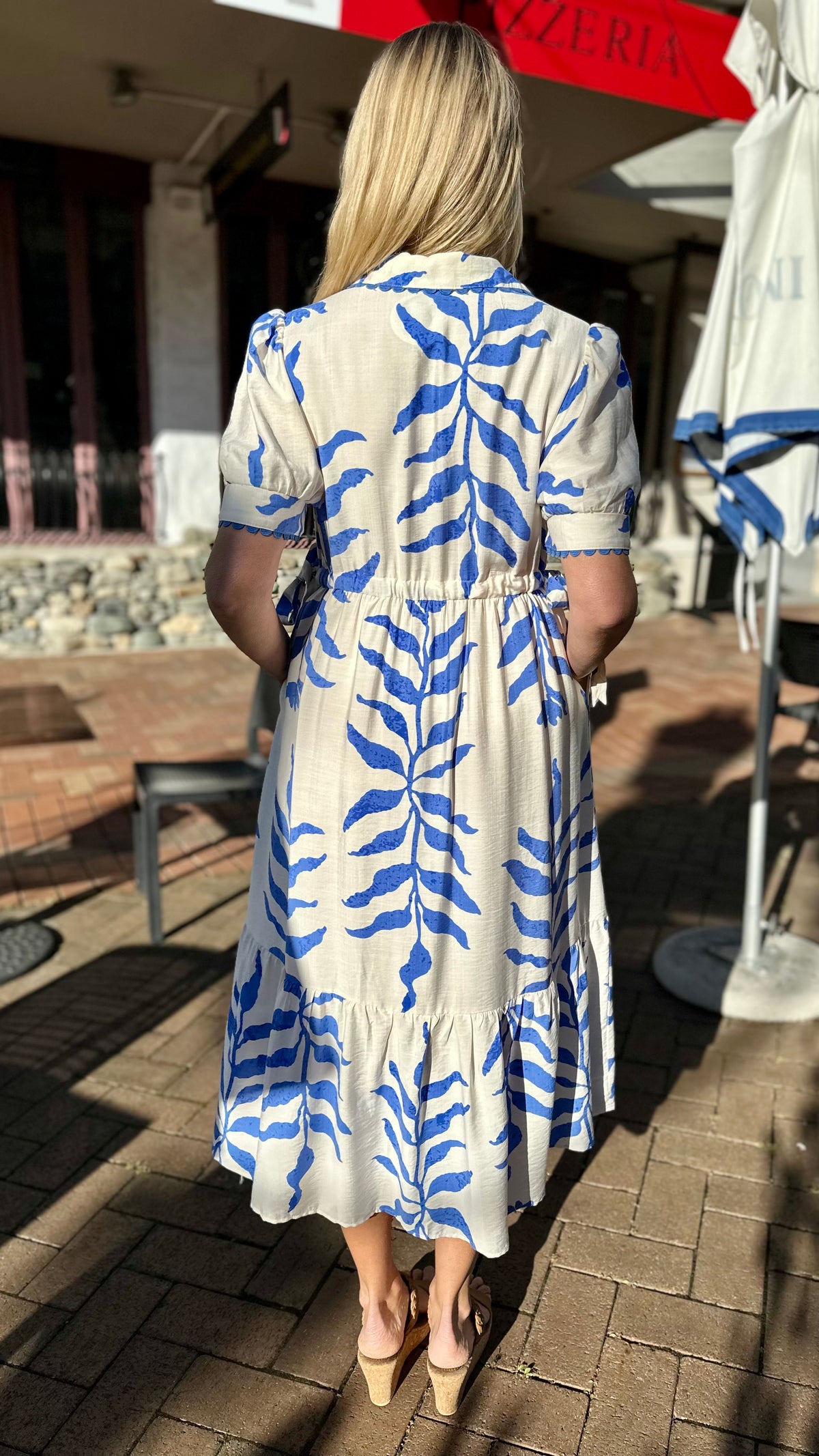 Suki Side Tie Shirt Dress Blue Leaf Print
