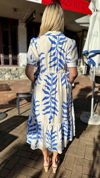 Suki Side Tie Shirt Dress Blue Leaf Print