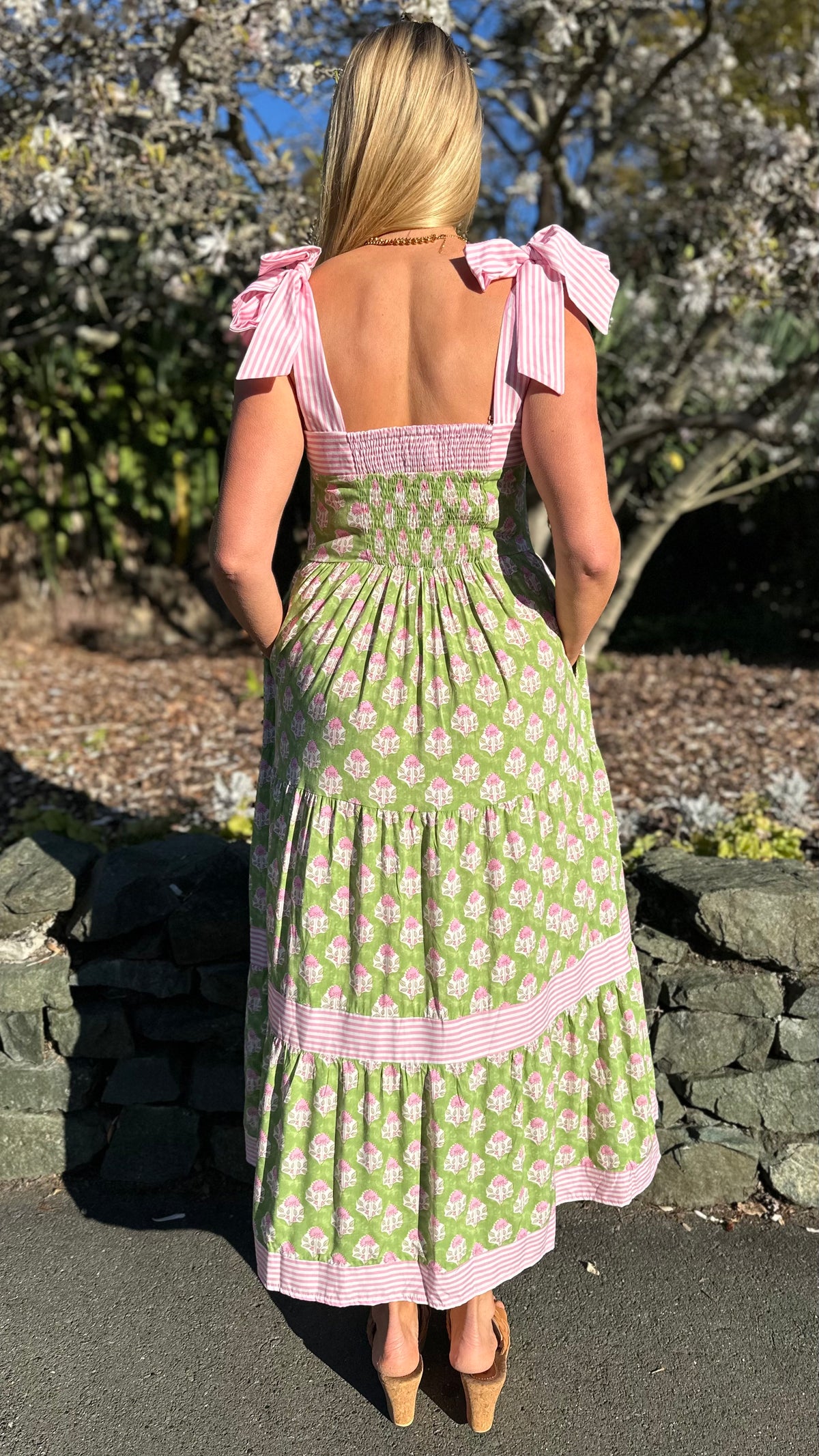 Promenade Tiered Midi Dress Pink/Green