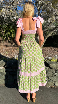 Promenade Tiered Midi Dress Pink/Green