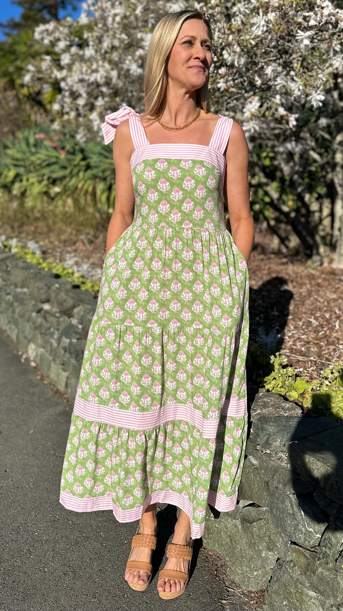Promenade Tiered Midi Dress Pink/Green
