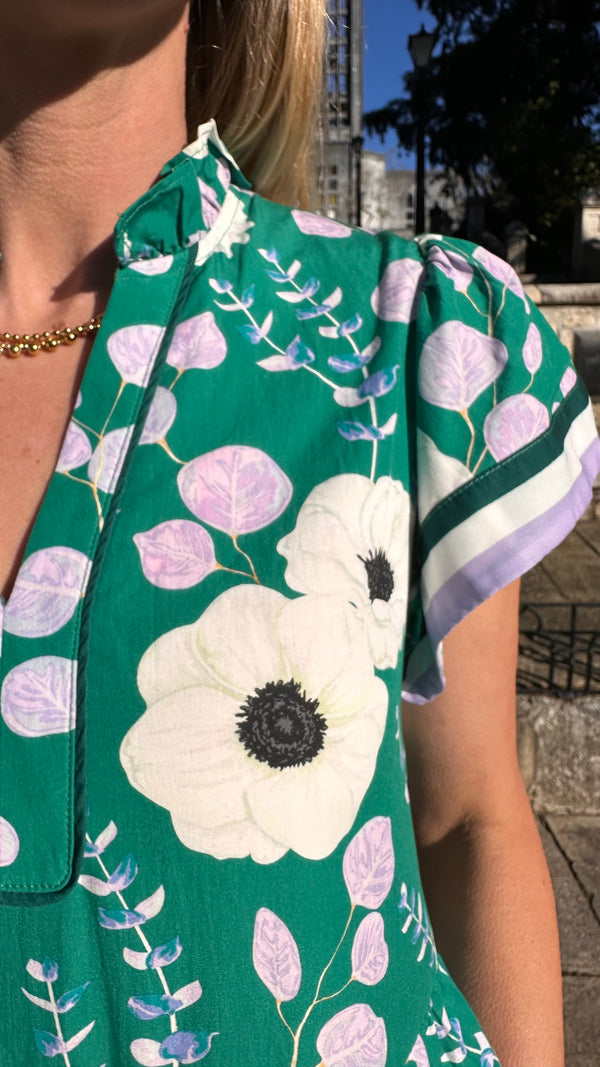 Frilled Collar Midi Dress Green Floral