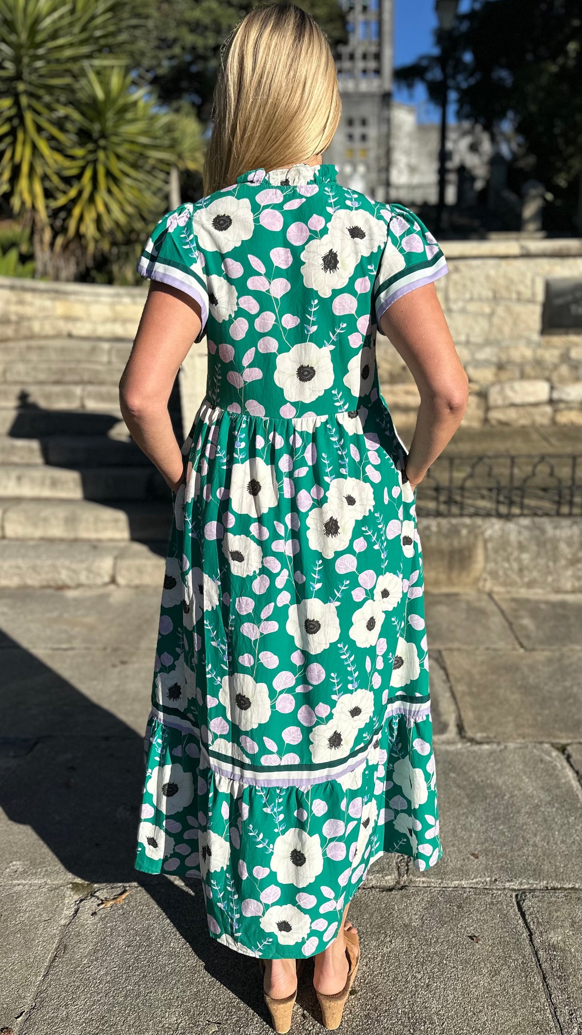 Frilled Collar Midi Dress Green Floral