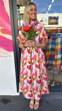 Jules Tulip Print Maxi Dress Red Mix