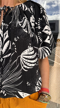Balloon Crop Top Palm Print Black
