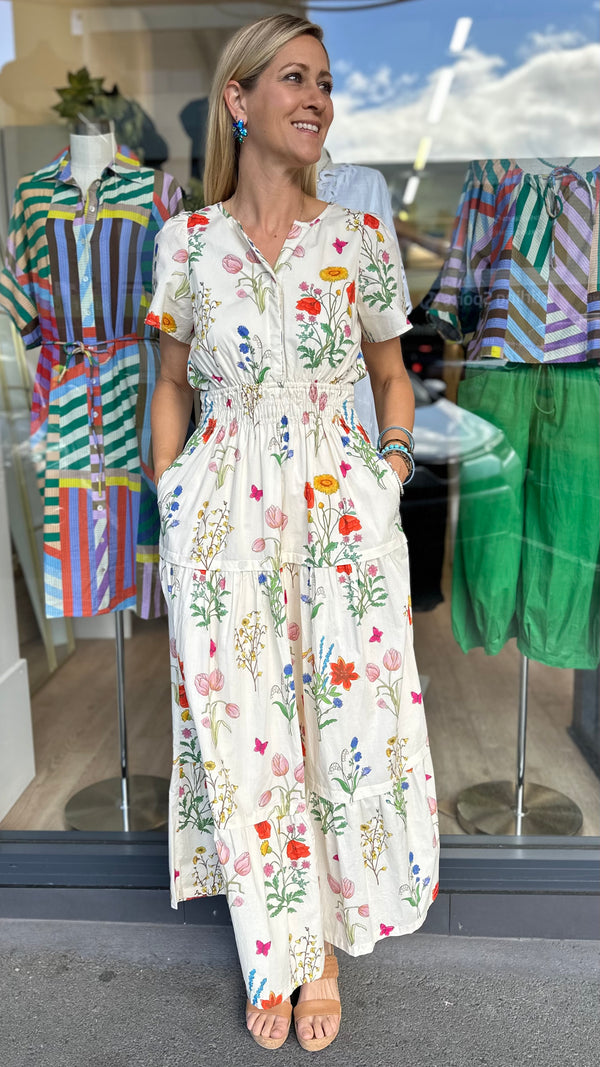 Tilly Tiered Midi Dress Ivory Floral