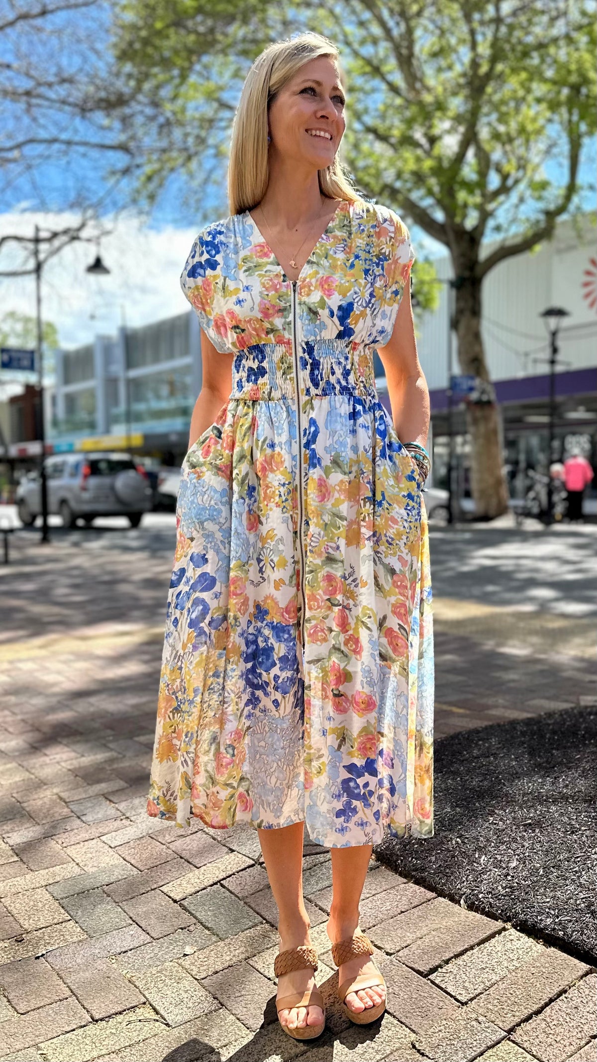 Tommie Zip Front Midi Dress Blue Mix
