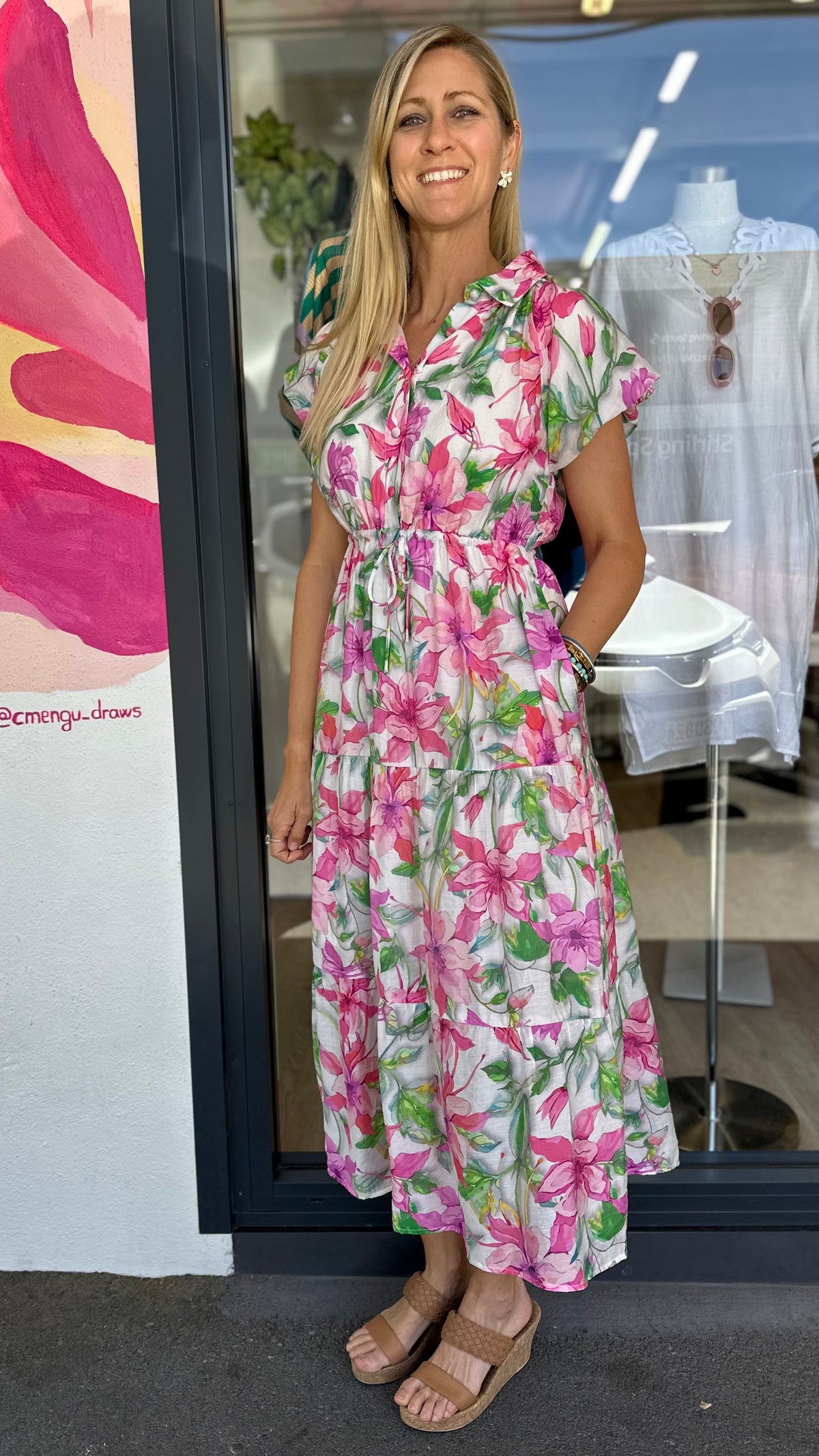 Kieran Collared Midi Dress Pink Floral