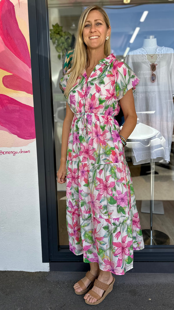 Kieran Collared Midi Dress Pink Floral