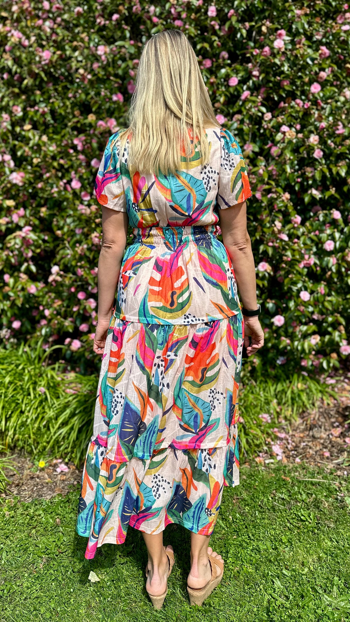 Tilly Tiered Midi Dress Fuchsia Print