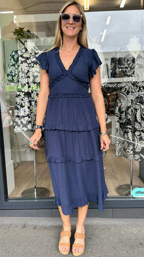Lilly Midi V Neck Ruffle Dress Navy