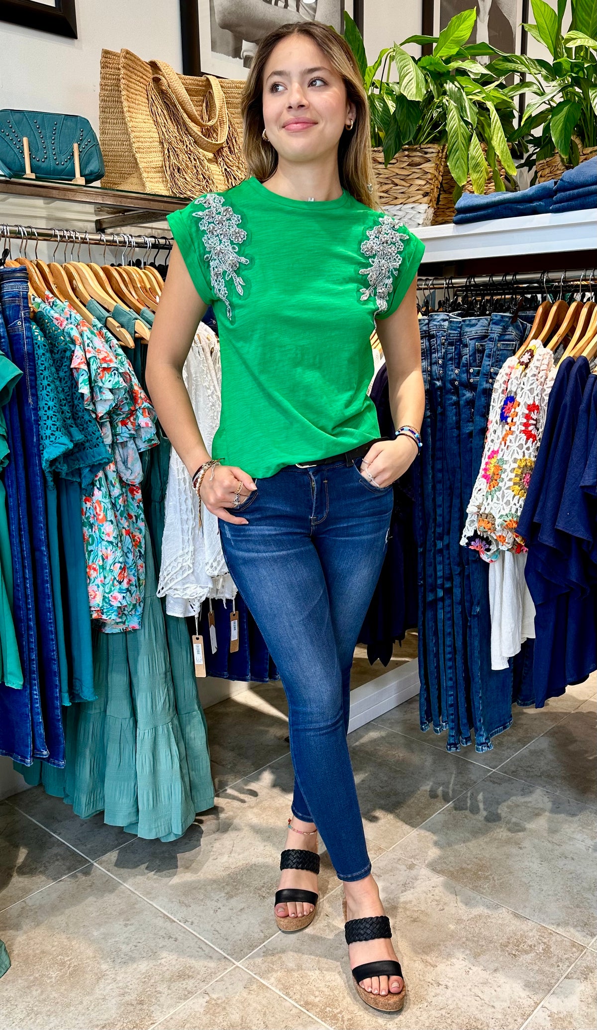 Ruby Rhinestone Top Kelly Green