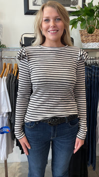Dawn Ruffle Shoulder Long Sleeve Top Charcoal Stripe