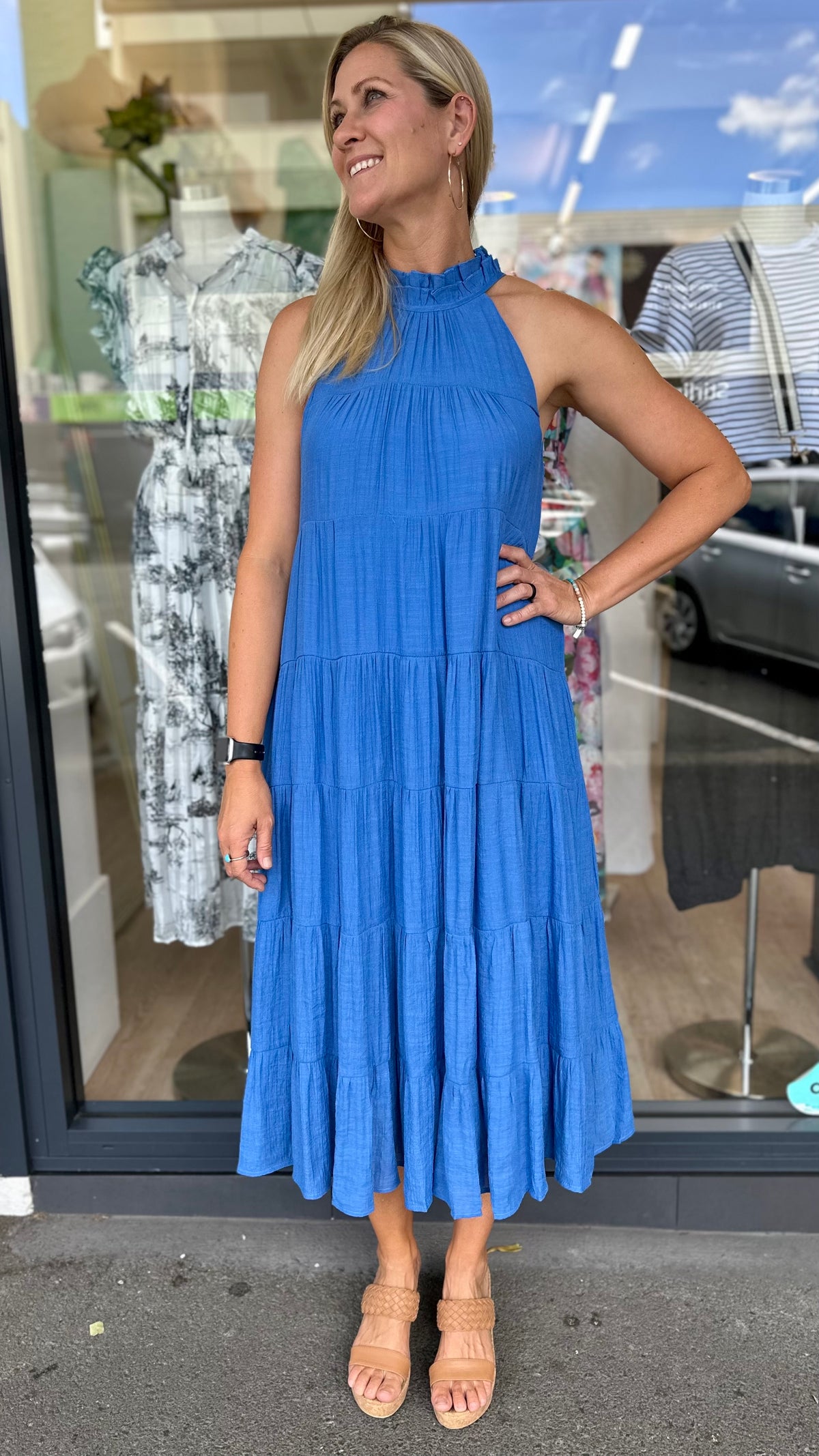 Juliette High Neck Tiered Maxi Dress Blue
