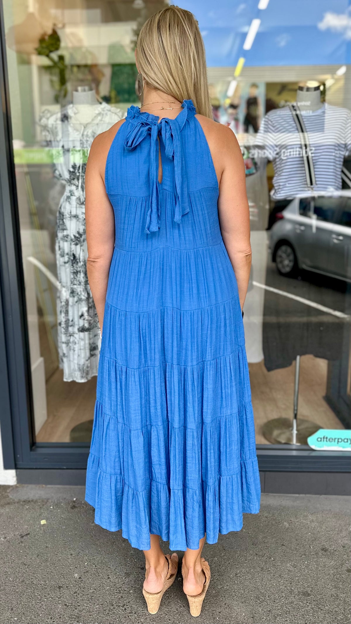 Juliette High Neck Tiered Maxi Dress Blue