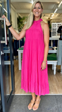 Juliette High Neck Tiered Maxi Dress Hot Pink