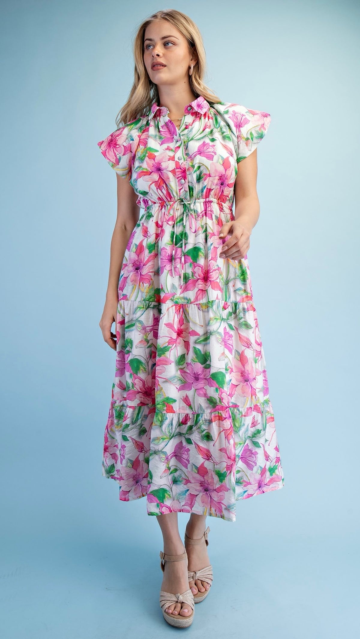 Kieran Collared Midi Dress Pink Floral