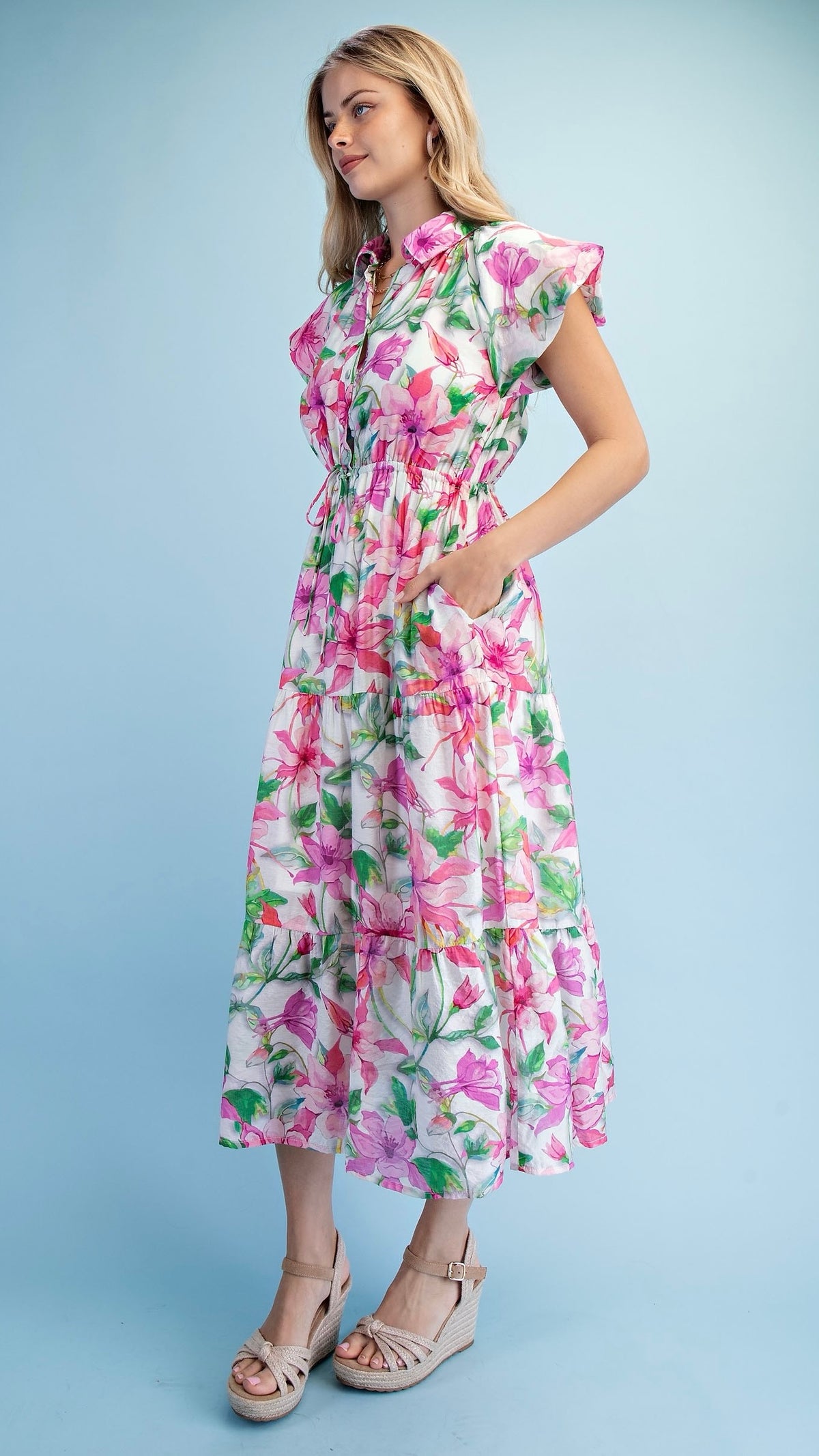 Kieran Collared Midi Dress Pink Floral