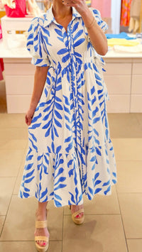 Leafy Side Tie Shirt Dress Blue Print