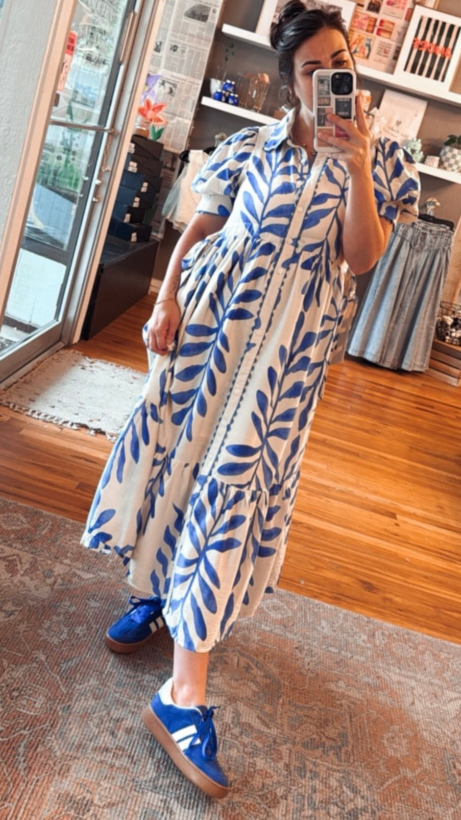 Leafy Side Tie Shirt Dress Blue Print