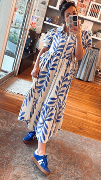 Leafy Side Tie Shirt Dress Blue Print
