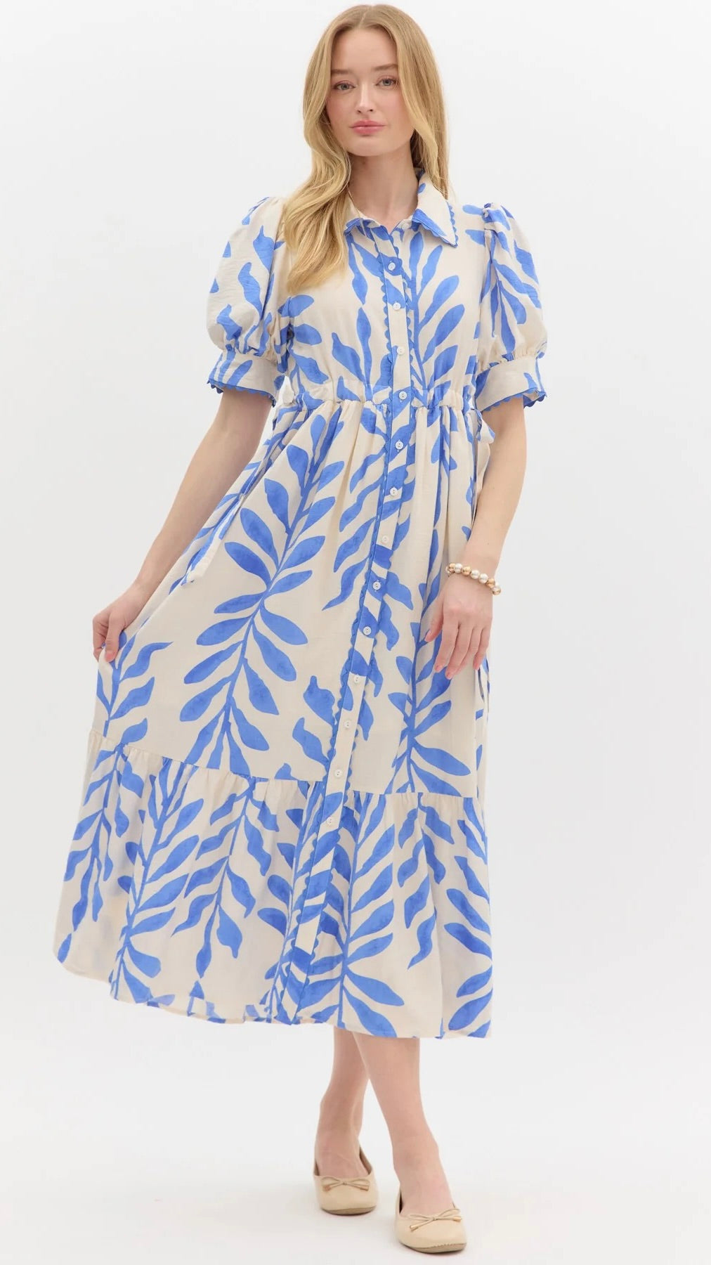 Leafy Side Tie Shirt Dress Blue Print