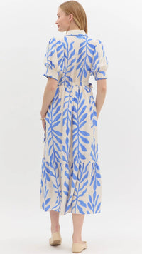 Leafy Side Tie Shirt Dress Blue Print
