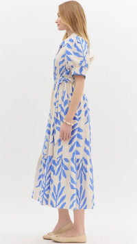 Leafy Side Tie Shirt Dress Blue Print