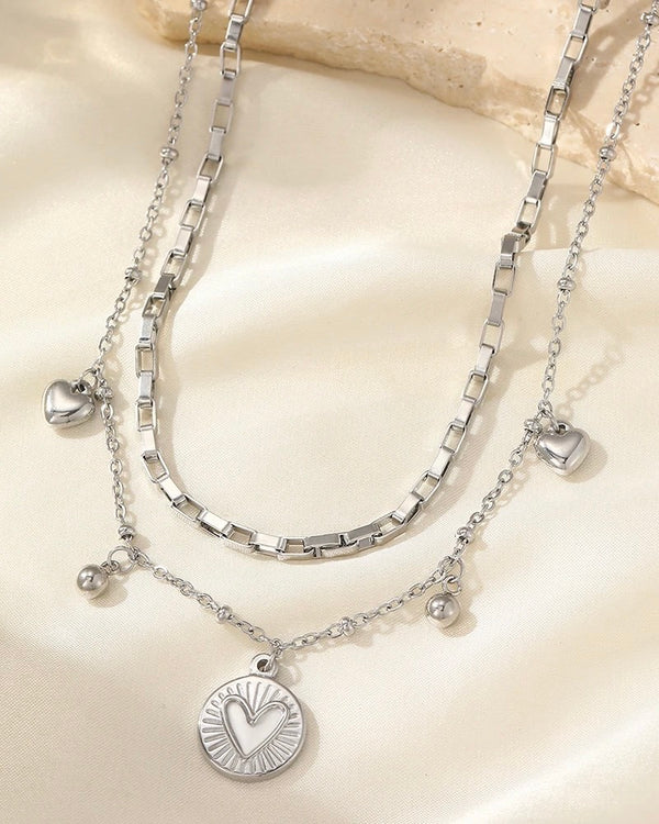 Double Layer Heart Charm Necklace Silver