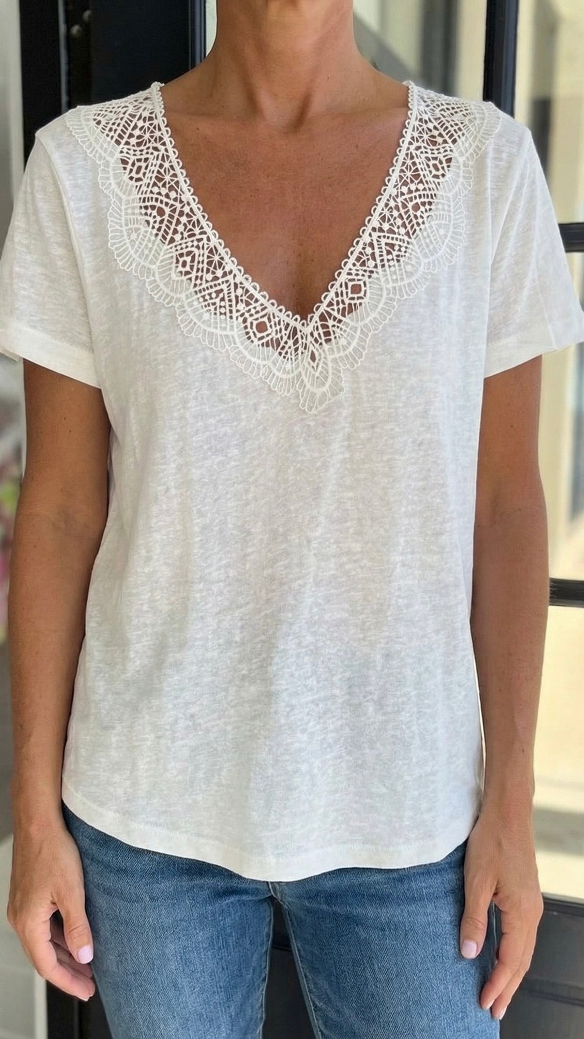 Mia Lace V Neck Top White