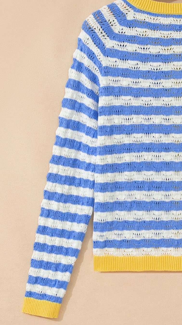 Fleur Flower Button Cardi  Blue White Stripe