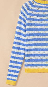 Fleur Flower Button Cardi  Blue White Stripe