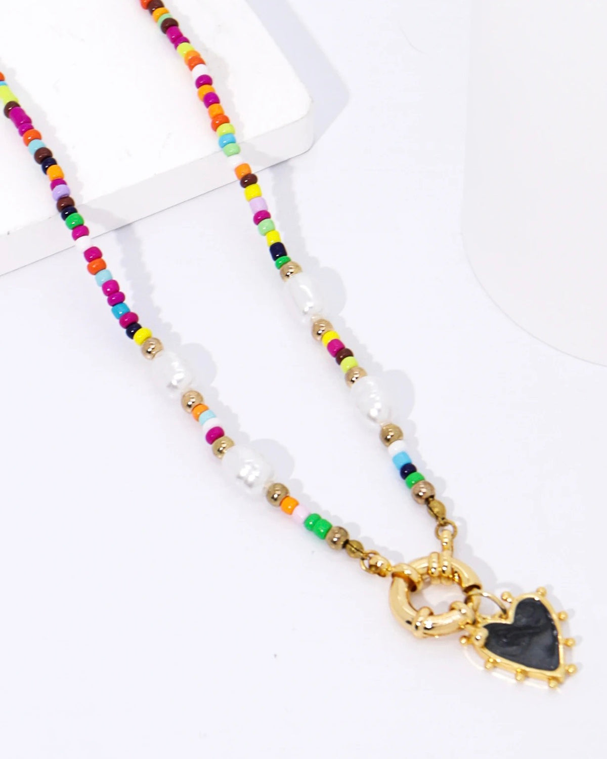 Heart Pendant Beaded Necklace Black