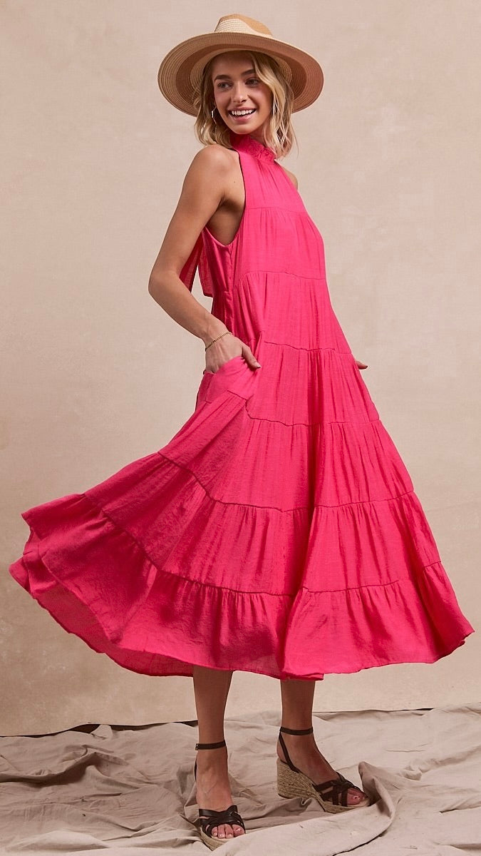 Juliette High Neck Tiered Maxi Dress Hot Pink