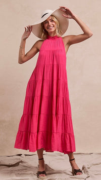 Juliette High Neck Tiered Maxi Dress Hot Pink