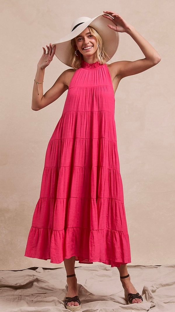 Juliette High Neck Tiered Maxi Dress Hot Pink