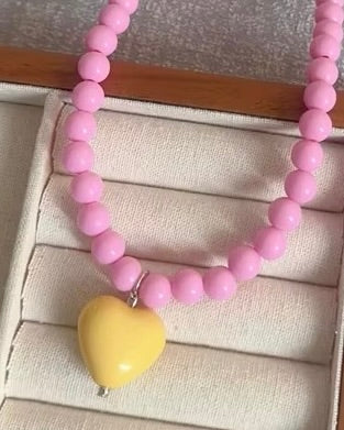 Beaded Necklace Heart Pendant Yellow