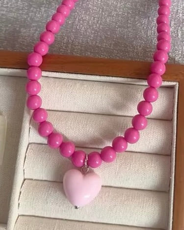Beaded Necklace Heart Pendant Lt Pink